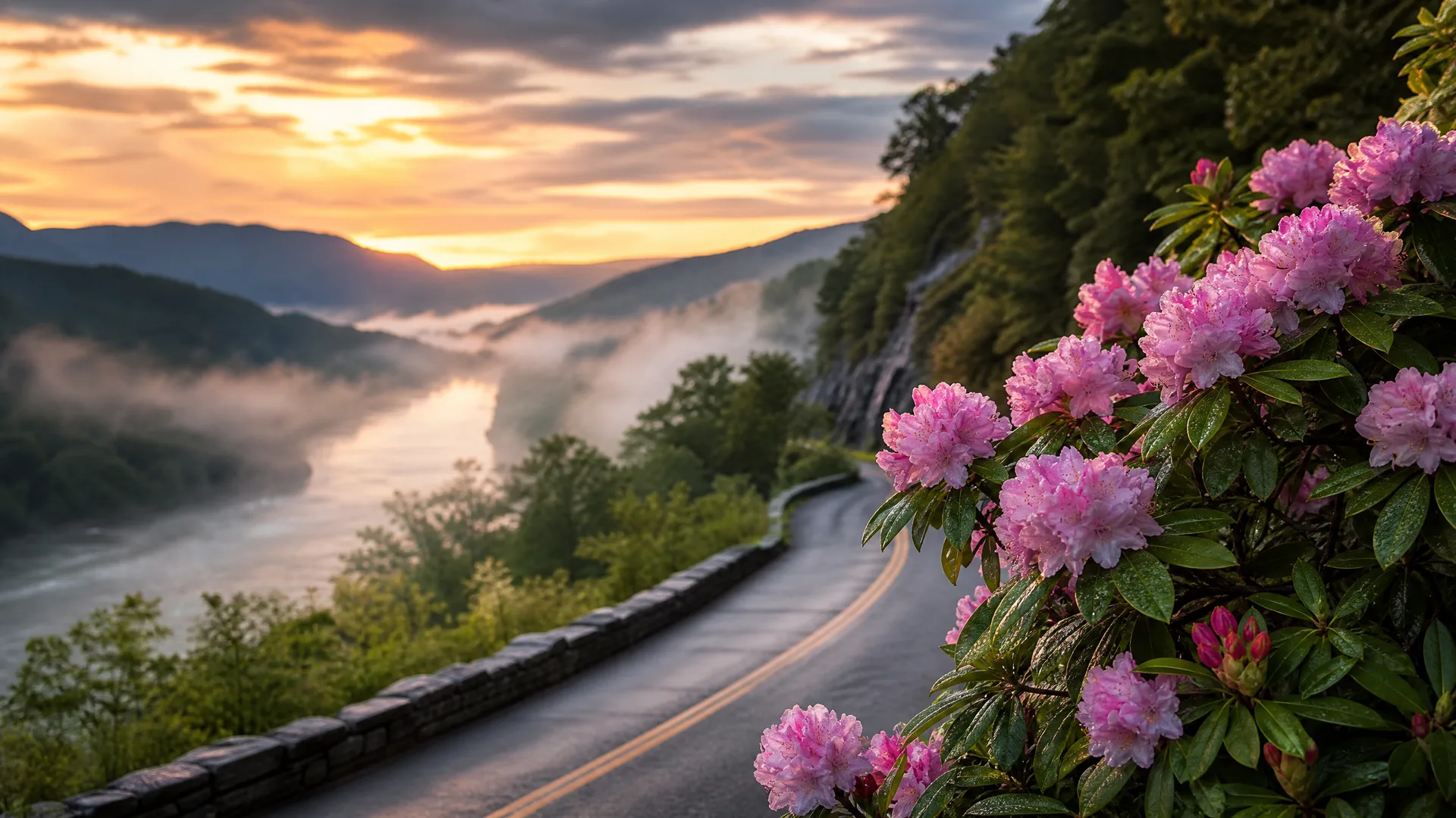 A curving two-lane road with a yellow center line and a stone guardrail runs along a wooded hillside above a misty river valley at sunrise, with pink rhododendron blossoms and green leaves in the right foreground.
